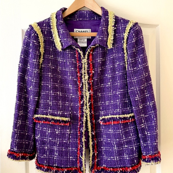 VINTAGE CHANEL Purple and Red Tweed Blazer with Fringe Details - Picture 1 of 5
